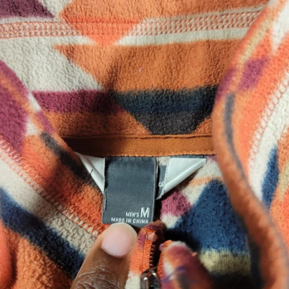 Eddie Bauer Pulllover Fleece Mens Medium Orange Aztec Sweatshirt